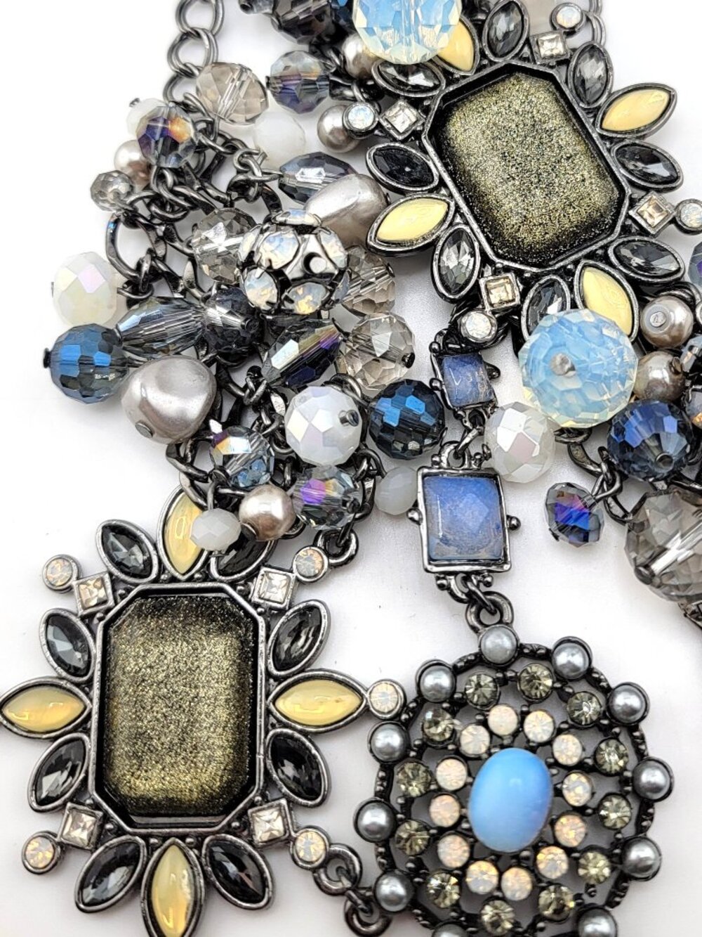Chico’s Silver Statement Necklace Blue Gray Crystal Beaded Multi Strand